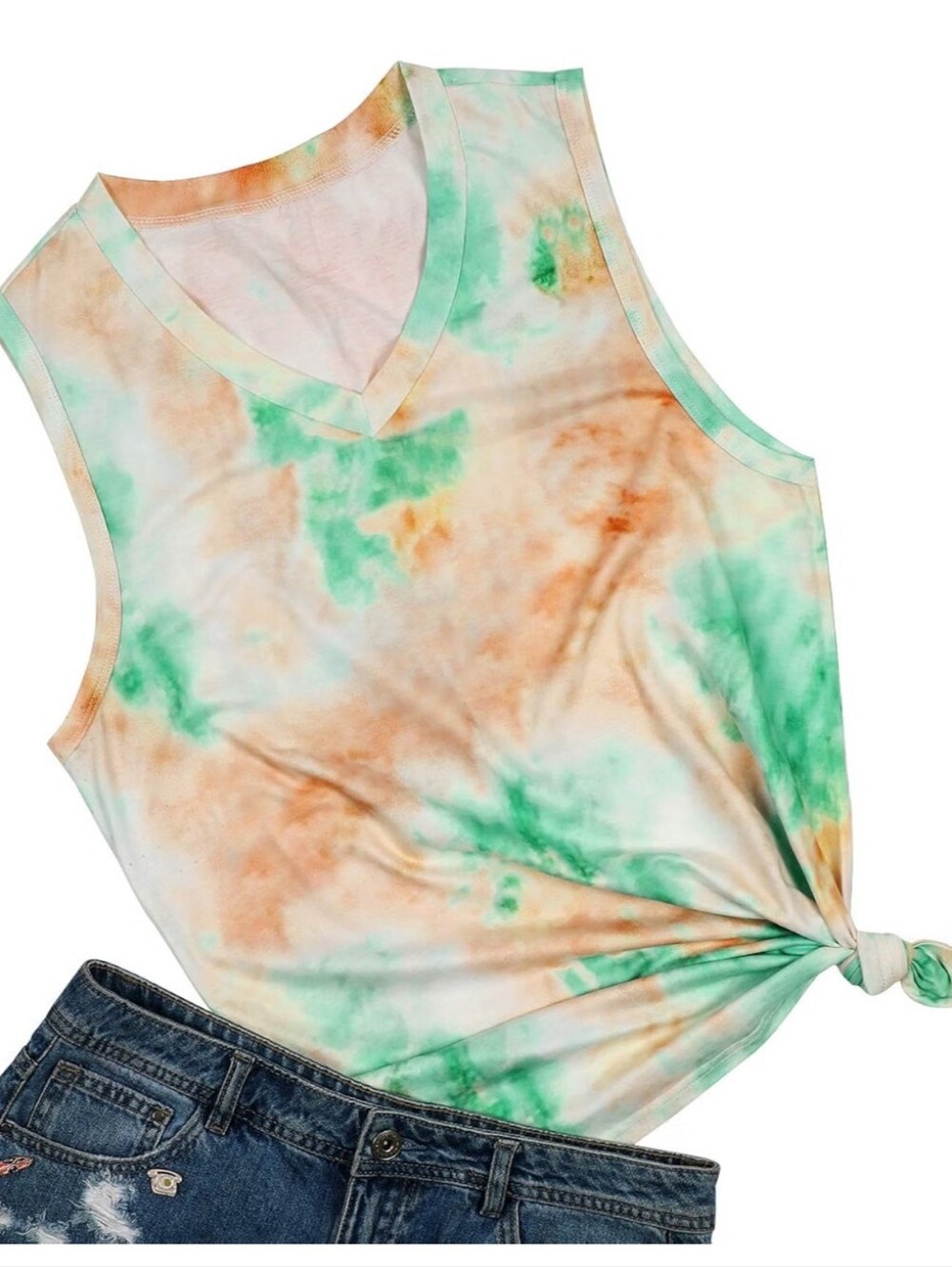 Tie-Dye V-Neck Sleeveless Top in Green & Orange